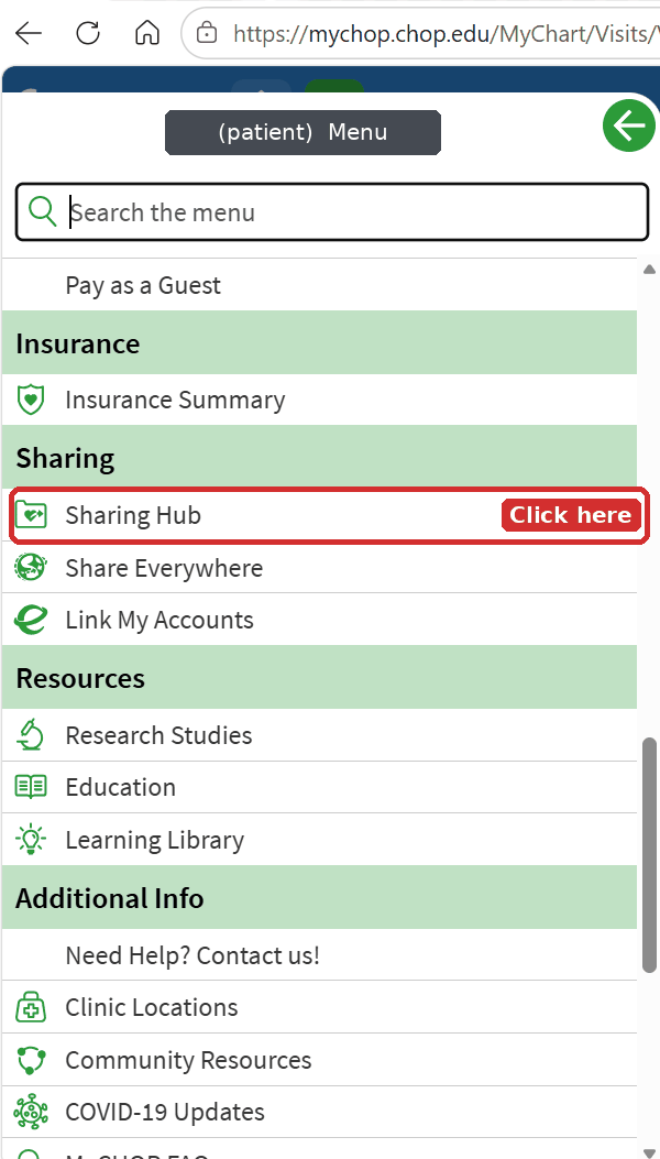 MyChart menu with the Sharing Hub entry outlined in red under the Sharing group