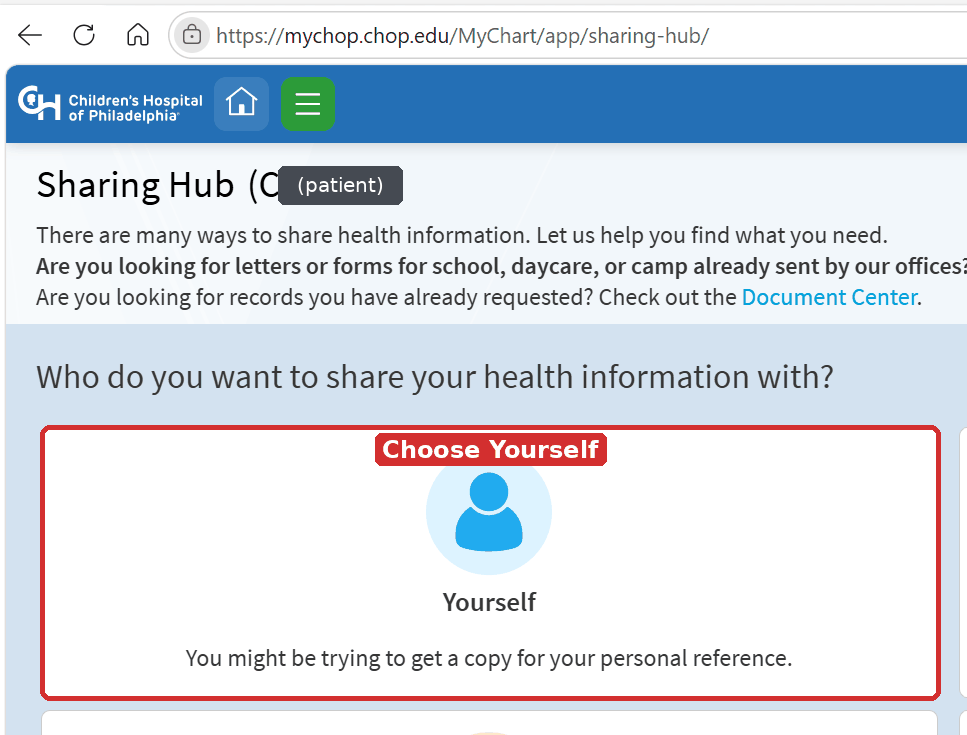 Sharing Hub page asking who to share health information with, with the Yourself card outlined