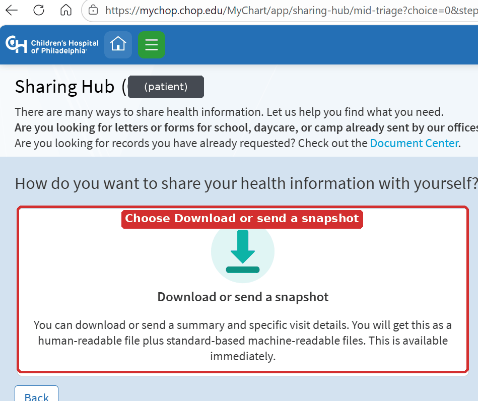 Sharing Hub page asking how to share with yourself, with the Download or send a snapshot card outlined