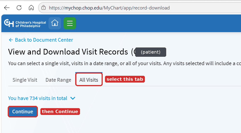 View and Download Visit Records page with the All Visits tab and the Continue button outlined
