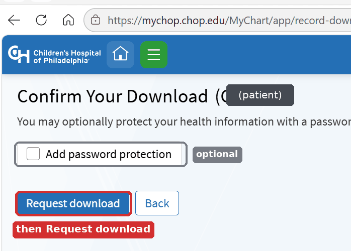 Confirm Your Download page with the optional password checkbox marked and the Request download button outlined