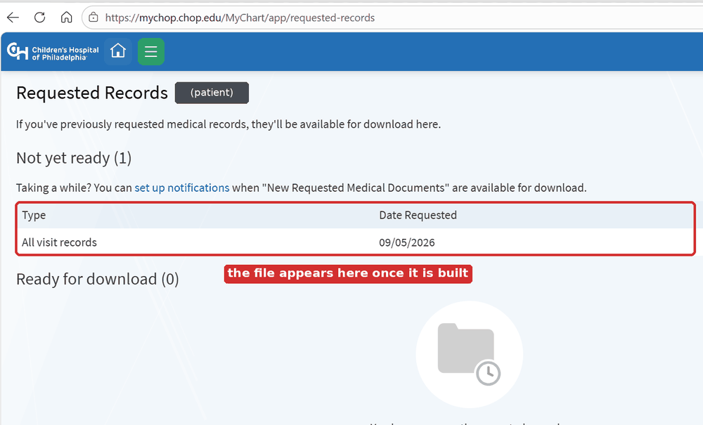 Requested Records page showing the pending request under Not yet ready